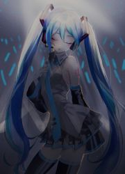 Rule 34 | 1girl, bare shoulders, black thighhighs, blue hair, closed eyes, closed mouth, collared shirt, commentary, contrapposto, cowboy shot, detached sleeves, english commentary, glowstick, grey shirt, hand on own chest, hatsune miku, headphones, long sleeves, microphone, miniskirt, p2 (uxjzz), pleated skirt, shirt, skirt, standing, thighhighs, vocaloid, wing collar, zettai ryouiki