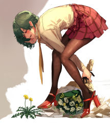 Rule 34 | 1girl, :d, bent over, blush, bouquet, brown pantyhose, commentary request, flower, full body, green hair, grey background, half-closed eyes, high heels, highres, kazami yuuka, kikimifukuri, long sleeves, miniskirt, nail polish, necktie, open mouth, pantyhose, plaid, plaid skirt, red eyes, red footwear, red nails, red skirt, shirt, short hair, skirt, smile, solo, standing, thighs, touhou, two-tone background, white background, white shirt, yellow flower, yellow necktie