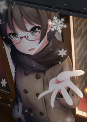 Rule 34 | 1girl, bag, blush, brown eyes, brown hair, coat, commentary, from above, glasses, hand up, holding, holding bag, looking at viewer, matching hair/eyes, nekobaka, open mouth, original, outstretched hand, scarf, smile, snow, snowflakes, solo