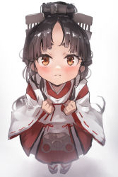 Rule 34 | 1girl, black hair, brown eyes, gradient background, hakama, headgear, high ponytail, japanese clothes, kantai collection, kariginu, long hair, looking at viewer, miko, nisshin (kancolle), okobo, red hakama, ribbon-trimmed sleeves, ribbon trim, sandals, short eyebrows, solo, standing, tabi, thick eyebrows, toka (marchlizard), very long hair, white background