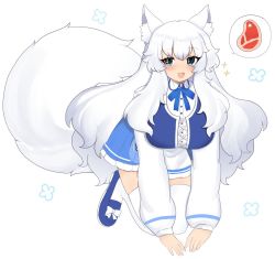 Rule 34 | 1girl, animal ear fluff, animal ears, blue eyes, blue skirt, breasts, food, indie virtual youtuber, lumi (merryweather), meat, plushcharm, skirt, solo, tail, thighhighs, virtual youtuber, white hair, wolf ears, wolf girl, wolf tail