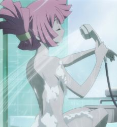 Rule 34 | 10s, 1girl, anime screenshot, back, closed eyes, foam, highres, nude, pink hair, screencap, shower, sitting, soap, solo, star driver, thighs, water, you mizuno