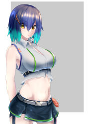 Rule 34 | 1girl, akitess, blue hair, breasts, highres, large breasts, looking at viewer, midriff, navel, open mouth, original, short hair, solo, yellow eyes