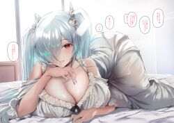 1girl ass bare_shoulders breasts cinderella_(nikke) cleavage commentary_request dress goddess_of_victory:_nikke grin hair_over_one_eye highres jewelry large_breasts long_hair lying noto_kurumi on_stomach red_eyes ring smile solo translation_request twintails white_dress white_hair white_nails