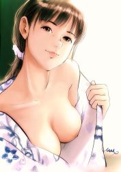 Rule 34 | 1girl, areola slip, bad id, bad pixiv id, bare shoulders, breasts, brown eyes, brown hair, collarbone, downblouse, floral print, highres, japanese clothes, kimono, light smile, lips, looking at viewer, medium breasts, mmelica, no bra, off shoulder, open clothes, original, outside border, ponytail, sketch, solo, upper body, yukata