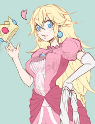 Rule 34 | 1girl, aqua background, artist request, blonde hair, blue eyes, breasts, crown, dress, earrings, elbow gloves, female focus, gloves, hand on own hip, heart, highres, jewelry, large breasts, long hair, mario (series), nintendo, open mouth, pink dress, princess, princess peach, puffy short sleeves, puffy sleeves, short sleeves, simple background, single glove, smile, solo, spinning, super mario bros. 1, white gloves