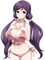 Rule 34 | 10s, 1girl, bare shoulders, bikini, blush, breasts, cleavage, front-tie top, green eyes, large breasts, long hair, looking at viewer, love live!, love live! school idol festival, love live! school idol project, md5 mismatch, navel, pink bikini, purple hair, side-tie bikini bottom, simple background, smile, solo, swimsuit, torigoe takumi, tojo nozomi, twintails, very long hair, white background
