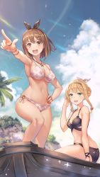 Rule 34 | 2girls, anbe yoshirou, atelier (series), atelier ryza, atelier ryza 1, bikini, black bikini, blonde hair, blue sky, boat, bracelet, braid, breasts, brown eyes, brown hair, cleavage, cloud, commentary request, cross hair ornament, day, green eyes, hair ornament, hair ribbon, hairband, hairclip, highres, jewelry, klaudia valentz, large breasts, looking at viewer, medium breasts, multiple girls, navel, o-ring, o-ring bikini, open mouth, pointing, reisalin stout, ribbon, sitting, sky, smile, standing, swimsuit, watercraft, white bikini