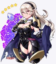 Rule 34 | 1girl, absurdres, armor, armored leotard, black armor, breasts, cape, cleavage, corrin (female) (fire emblem), corrin (female) (nohr noble) (fire emblem), corrin (fire emblem), cropped legs, fire emblem, fire emblem fates, fire emblem heroes, gauntlets, hairband, highres, large breasts, long hair, looking at viewer, nintendo, official alternate costume, pointy ears, sarukaiwolf, smile, solo, thighhighs, thighs, torn cape, torn clothes