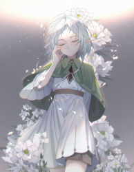 Rule 34 | 1girl, absurdres, ahoge, capelet, closed eyes, closed mouth, dress, elf, flower, green capelet, hand up, highres, medium hair, mushoku tensei, nogi lace, pointy ears, solo, sylphiette (mushoku tensei), white dress, white hair