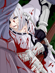 1boy 1girl aura-hysterica black_gloves blood blood_on_clothes blood_on_face blunt_bangs bob_cut capelet colored_skin commentary_request dress eyepatch gauntlets gloves grey_skin high_orc_(ragnarok_online) long_sleeves lowres mr.romance open_mouth orc ragnarok_online ribbon-trimmed_capelet ribbon_trim short_hair swordsman_(ragnarok_online) upper_body white_capelet white_dress