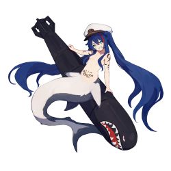 Rule 34 | 1girl, blue eyes, blue hair, breasts, female focus, grin, hair over breasts, hat, highres, lansane, long twintails, military hat, monster girl, navel, pubic tattoo, second-party source, shark girl, sharp teeth, simple background, small breasts, smile, solo, tattoo, teeth, torpedo, twintails, white background, white hat