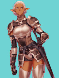 Rule 34 | 1girl, armor, black gloves, blue background, boobplate, breastplate, closed mouth, dark-skinned female, dark skin, elbow gloves, elf, elvaan, faulds, final fantasy, final fantasy xi, gloves, lips, pink lips, pointy ears, short hair, shoulder armor, silver hair, simple background, solo, sword, thighhighs, thighs, turtleneck, vambraces, weapon, yellow eyes, yuccoshi, zettai ryouiki