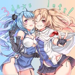 Rule 34 | :d, ahoge, asymmetrical docking, azur lane, bare shoulders, black gloves, blonde hair, blue hair, blush, breast press, breasts, capelet, cheek-to-cheek, cleavage, cleveland (azur lane), commentary, countdown, dress, elbow gloves, fingerless gloves, floating hair, garter straps, gloves, hair between eyes, hair ornament, hand up, hat, heads together, helena (azur lane), highres, holding hands, long hair, looking at viewer, medium breasts, multiple girls, one eye closed, one side up, open mouth, parted bangs, parted lips, pleated skirt, purple eyes, red eyes, side slit, skirt, small breasts, smile, very long hair, yukishiro arte
