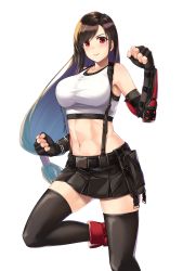 Rule 34 | 1girl, abs, bare shoulders, belt, black belt, black hair, black skirt, black sports bra, black thighhighs, blush, boots, breasts, buckle, clenched hands, collarbone, commentary, cowboy shot, elbow gloves, final fantasy, final fantasy vii, final fantasy vii remake, fingerless gloves, gauntlets, gloves, hand up, highres, large breasts, long hair, looking at viewer, low-tied long hair, midriff, navel, pleated skirt, rebutsu, red eyes, red footwear, shirt, sidelocks, simple background, skindentation, skirt, smile, snap-fit buckle, solo, sports bra, standing, standing on one leg, suspender skirt, suspenders, swept bangs, tank top, taut clothes, taut shirt, thighhighs, tifa lockhart, white background, white tank top, zettai ryouiki