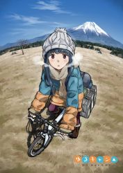 Rule 34 | 1girl, beanie, bicycle, blue hair, blush, coat, commentary, copyright name, day, fingerless gloves, fisheye, gloves, hat, highres, jacket, looking at viewer, maroon eyes, mount fuji, mountainous horizon, multicolored coat, outdoors, pom pom (clothes), scarf, shima rin, sky, solo, tent, tree bowbow, winter clothes, yurucamp