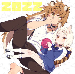 Rule 34 | 1boy, 1girl, 2022, age difference, animal ears, barefoot, bell, black collar, black footwear, black hair, blonde hair, blue bow, blush, bow, braid, brown hair, chinese zodiac, closed mouth, clothing cutout, collar, collarbone, fingernails, green eyes, hair between eyes, hand rest, highres, holding yarn, light brown hair, long hair, moyori, multicolored hair, o-ring, orange eyes, original, parted lips, paw cutout, short hair, sitting, sitting on person, sleeves rolled up, soles, striped, striped bow, tail, tail bow, tail ornament, tiger boy, tiger ears, tiger tail, white legwear, yarn, yarn ball, year of the tiger
