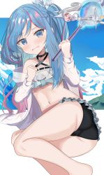 Rule 34 | 1girl, absurdres, ass, aventador, blue eyes, blue hair, blush, cameltoe, duel monster, flat chest, frilled swimsuit, frills, hair streaks, highres, holding, holding wand, jacket, long hair, looking at viewer, midriff, multicolored hair, navel, red hair, side ponytail, solo, swimsuit, translucent, wand, witchcrafter madame verre, yu-gi-oh!