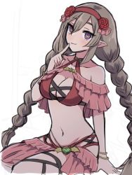 Rule 34 | 1girl, apo 518, bracelet, braid, brooch, brown hair, closed mouth, demon girl, heart, heart-shaped pupils, highres, jewelry, long hair, looking at viewer, ludmila (rune factory), official alternate costume, pointy ears, purple eyes, rune factory, rune factory 5, swimsuit, symbol-shaped pupils, twin braids