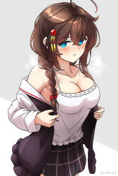 Rule 34 | 1girl, ahoge, arthur ko, black jacket, black skirt, blue eyes, blush, braid, breasts, brown hair, camisole, cleavage, collarbone, cowboy shot, hair between eyes, hair flaps, highres, jacket, kantai collection, long hair, looking at viewer, medium breasts, open clothes, open jacket, open mouth, pleated skirt, shigure (kancolle), shigure kai san (kancolle), single braid, skirt, solo, twitter username, two-tone background, white camisole