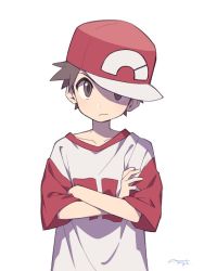 Rule 34 | 1boy, agata (agatha), bad id, bad twitter id, baseball cap, brown eyes, brown hair, closed mouth, creatures (company), crossed arms, frown, game freak, hat, looking at viewer, male focus, nintendo, oversized clothes, oversized shirt, pokemon, pokemon frlg, pokemon sm, red (pokemon), red (pokemon sm), shirt, short sleeves, signature, simple background, solo, t-shirt, upper body, white background