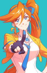 Rule 34 | 1girl, absurdres, ace attorney, athena cykes, black gloves, blue background, blue eyes, blue necktie, blue ribbon, blush stickers, closed mouth, collared shirt, crescent, crescent earrings, cropped jacket, earrings, gloves, hair between eyes, hair ribbon, hand on own hip, highres, index finger raised, jacket, jewelry, long hair, long sleeves, looking at viewer, necklace, necktie, orange hair, partially fingerless gloves, ribbon, shirt, side ponytail, single earring, smile, solo, twitter username, underwor1dhuman, upper body, very long hair, white shirt, yellow jacket
