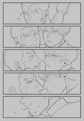 Rule 34 | 2boys, bara, blush, chest hair, couple, cross scar, eye contact, facial hair, from side, greyscale, harada (basashi), houzouin oniwaka, imminent kiss, kiss, long sideburns, looking at another, male focus, protagonist 4 (housamo), mature male, monochrome, multiple boys, scar, scar on face, scar on forehead, sequential, short hair, sideburns, stubble, thick eyebrows, tokyo houkago summoners, yaoi