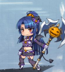 Rule 34 | 1girl, animated, animated gif, axe, battle axe, blue hair, bouncing breasts, breasts, chibi, cleavage, costume, dress, fake tail, fake wings, full body, halloween costume, hime cut, large breasts, lilith-soft, long hair, looking to the side, lowres, miniskirt, shiny skin, skirt, solo, tail, taimanin (series), taimanin asagi, taimanin rpgx, very long hair, weapon, wings, yatsu murasaki