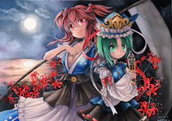 Rule 34 | 2girls, belt, blush, breasts, carrying, cleavage, cloud, coin, colored pencil (medium), flower, full-face blush, green eyes, green hair, hair bobbles, hair ornament, hat, hat ribbon, large breasts, long sleeves, looking at viewer, mosho, multiple girls, night, onozuka komachi, painting (medium), red eyes, red hair, reflection, ribbon, river, rod of remorse, scythe, shiki eiki, shirt, short sleeves, shoulder carry, skirt, sky, smile, touhou, traditional media, twintails, two side up, vest, watercolor (medium), wide sleeves