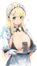 Rule 34 | 1girl, apron, black ribbon, blonde hair, blush, breast rest, breasts, breasts on tray, carried breast rest, carrying, cleavage, cup, gloves, green eyes, green tea, hair ornament, hairclip, heart, highres, holding, holding tray, large breasts, long hair, looking at viewer, maid, maid apron, maid headdress, official art, open clothes, open shirt, puffy short sleeves, puffy sleeves, ribbon, ribbon-trimmed collar, ribbon-trimmed headwear, ribbon-trimmed sleeves, ribbon trim, senran kagura, senran kagura shoujo-tachi no shin&#039;ei, short sleeves, simple background, smile, solo, steam, tea, tray, unconventional maid, white background, white gloves, yaegashi nan, yomi (senran kagura)