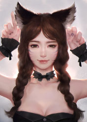 Rule 34 | 1girl, ahri (league of legends), alternate hairstyle, animal ears, bare shoulders, braid, breasts, brown eyes, brown hair, choker, cleavage, closed mouth, facial mark, fom (lifotai), fox ears, gradient background, hair over shoulder, half-closed eye, hands up, highres, index finger raised, league of legends, lips, lipstick, long hair, looking at viewer, makeup, medium breasts, nail polish, parted bangs, portrait, realistic, smile, solo, twin braids, uneven eyes, whiskers, wrist cuffs