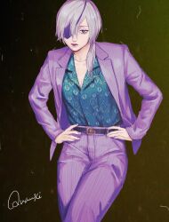 Rule 34 | 1girl, blue shirt, chainsaw man, character name, cowboy shot, drgryu750, eyepatch, grey hair, hair over shoulder, hands on own hips, hawaiian shirt, highres, jacket, long hair, looking at viewer, pants, ponytail, purple jacket, purple pants, quanxi (chainsaw man), shirt, shirt tucked in, solo, striped clothes, striped jacket, striped pants