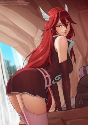 Rule 34 | 1girl, ass, ass focus, bare shoulders, belt, belt buckle, bent over, buckle, cave, cave interior, closed mouth, commentary, cordelia (fire emblem), deilan12, dress, elbow gloves, english commentary, fire emblem, fire emblem awakening, garter straps, gloves, hair between eyes, hair ornament, highres, lips, long hair, looking at viewer, miniskirt, nintendo, pink belt, red dress, red eyes, red gloves, red hair, red skirt, skirt, smile, solo, standing, thighhighs, thighs, wing hair ornament, zettai ryouiki