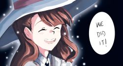 Rule 34 | 10s, 1girl, :d, ^ ^, alternate clothes color, alternate color, black background, blush, brown hair, closed eyes, eliln, english text, female focus, happy, hat, kagari atsuko, light particles, little witch academia, long hair, neck, open mouth, round teeth, simple background, smile, solo, speech bubble, talking, teeth, upper body, white hat, witch, witch hat