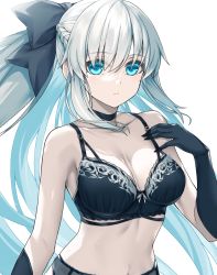 Rule 34 | 1girl, armpit crease, armpits, bare shoulders, black bow, black bra, black choker, black gloves, black panties, blue eyes, blush, bow, bra, bra strap, breasts, choker, cleavage, collarbone, elbow gloves, expressionless, fate/grand order, fate (series), gloves, grey hair, hair between eyes, hair bow, hand on own chest, high ponytail, light blush, long hair, looking at viewer, medium breasts, midriff, morgan le fay (fate), morizono shiki, navel, panties, ponytail, simple background, stomach, underwear, upper body, very long hair, white background