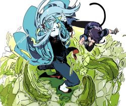 Rule 34 | 2boys, aqua hair, aqua horns, dated, fengxi (the legend of luoxiaohei), fighting, hand up, horns, long hair, multiple boys, outline, short sleeves, tail, luo xiaohei zhanji, twitter username, vox, white outline, wide shot, xuhuai (the legend of luoxiaohei), aged down