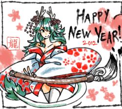 Rule 34 | 10s, 1girl, 2012, breasts, calligraphy brush, cleavage, dragon girl, dragon tail, flower, green hair, hair flower, hair ornament, hair over one eye, happy new year, horns, japanese clothes, kimono, kyuubiness, long hair, monster girl, new year, off shoulder, original, paintbrush, solo, tail, thighhighs, white thighhighs