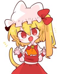 Rule 34 | 1girl, alternate species, animal ears, ascot, bell, blonde hair, bow, cat ears, cat girl, cat tail, ears through headwear, fang, flandre scarlet, hat, hat ribbon, highres, jingle bell, medium hair, mob cap, no wings, one side up, op na yarou, puffy short sleeves, puffy sleeves, red bow, red eyes, red skirt, red vest, ribbon, shirt, short sleeves, side ponytail, simple background, skirt, skirt set, solo, tail, touhou, vest, white background, white shirt, yellow ascot