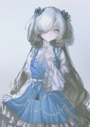Rule 34 | 1girl, absurdres, adapted costume, blue dress, blue flower, blue hair, chinese commentary, commentary request, cowboy shot, dress, expressionless, flower, frilled dress, frilled sleeves, frills, grey eyes, grey hair, hair flower, hair ornament, hair over one eye, head tilt, highres, isekai joucho, juliet sleeves, kamitsubaki studio, long hair, long sleeves, looking at viewer, multicolored hair, one eye closed, parted lips, puffy sleeves, shadow, shiraishi kanoya, simple background, skirt hold, solo, streaked hair, turtleneck, turtleneck dress, two side up, virtual youtuber, wavy hair, white background, white sleeves, wide sleeves
