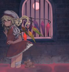 Rule 34 | 1girl, ascot, bad id, bad twitter id, bandages, barred window, bars, blonde hair, blood, flandre scarlet, frills, full moon, hand on wall, hat, lipstick, looking at viewer, makeup, mob cap, moon, pool of blood, red eyes, shi chimi, short hair, skirt, skirt set, solo, stuffed animal, stuffed toy, teddy bear, torn clothes, touhou, vest, window, wings