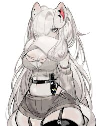 Rule 34 | 1girl, animal ears, black thighhighs, breasts, cinccino, cleavage, colored skin, covered mouth, creatures (company), crop top, detached sleeves, ear piercing, game freak, gen 5 pokemon, grey eyes, grey hair, grey shorts, grey skin, hair over one eye, large breasts, long hair, midriff, navel, nintendo, piercing, pokemon, pokemon (creature), short shorts, shorts, simple background, solo, thighhighs, usa37107692, very long hair, white background, wide hips