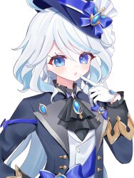 Rule 34 | 1girl, :o, ahoge, ascot, black ascot, blue bow, blue eyes, blue hair, blue hat, blue jacket, bow, brooch, commentary, furina (genshin impact), genshin impact, gloves, grey background, hand up, hat, hat bow, jacket, jewelry, kino (curry pan), long hair, looking at viewer, open mouth, revision, simple background, solo, upper body, very long hair, white gloves