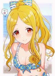 Rule 34 | arms behind back, beach, bikini, blonde hair, blue bikini, blue sky, blurry, blurry background, blush, bow, bow bikini, breasts, checkered clothes, checkered swimsuit, cleavage, collarbone, commentary request, flower, frilled bikini, frills, hair bow, hair flower, hair ornament, highres, idolmaster, idolmaster cinderella girls, long hair, looking at viewer, mariabowl, medium breasts, midriff, mochizuki hijiri, musical note, navel, ocean, outdoors, parted bangs, ponytail, red eyes, sky, smile, solo, sparkle, speech bubble, spoken musical note, swimsuit, wavy hair