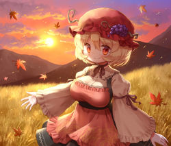 Rule 34 | 1girl, aki minoriko, apron, arinu, autumn leaves, black ribbon, black skirt, blonde hair, blush, breasts, buttons, closed mouth, collared shirt, food, fruit, fruit hat ornament, grapes, hair between eyes, hat, hat ornament, highres, large breasts, leaf, long sleeves, maple leaf, mob cap, red apron, red eyes, red hat, ribbon, shirt, short hair, skirt, smile, solo, sunset, touhou, wheat, white shirt