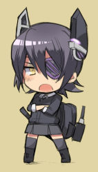 Rule 34 | 10s, 1girl, bad id, bad pixiv id, chibi, crossed arms, eyepatch, headgear, kantai collection, looking at viewer, lowres, machinery, open mouth, personification, purple hair, short hair, solo, tenryuu (kancolle), thighhighs, turret, yellow eyes, zagu (grape garden)