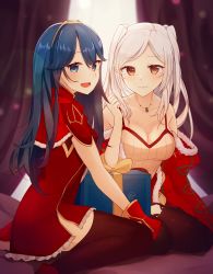 Rule 34 | 2girls, adapted costume, aftergardens, black legwear, blue eyes, blue hair, box, breasts, brown eyes, camisole, cleavage, closed mouth, fire emblem, fire emblem awakening, from side, fur trim, gift, gift box, gloves, highres, jewelry, long hair, looking to the side, lucina (fire emblem), multiple girls, necklace, nintendo, open mouth, red gloves, robin (female) (fire emblem), robin (fire emblem), sitting, smile, thighhighs, tiara, twintails, white hair