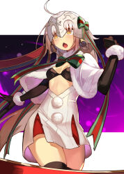 Rule 34 | 1girl, absurdres, ahoge, alwaysregg, bell, bikini, bikini top only, black bikini, black gloves, black thighhighs, bow, breasts, capelet, commentary, dress, elbow gloves, english commentary, fate/grand order, fate (series), fur-trimmed capelet, fur trim, gloves, green bow, green ribbon, hair bell, hair bow, hair ornament, hat, headpiece, highres, jeanne d&#039;arc alter santa lily (fate), long hair, looking at viewer, open mouth, pom pom (clothes), red eyes, ribbon, santa hat, solo, striped bow, striped ribbon, swimsuit, thighhighs, white capelet, white dress, white footwear, white hair, white hat