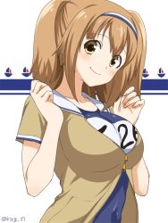 Rule 34 | 10s, 1girl, breasts, brown eyes, clothes writing, hairband, i-26 (kancolle), kantai collection, kisaragi hina, large breasts, light brown hair, long hair, looking at viewer, name tag, open clothes, sailor collar, school swimsuit, short sleeves, smile, solo, swimsuit, swimsuit under clothes, two-tone hairband, two side up