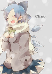 Rule 34 | 1girl, :d, ^ ^, alternate costume, bad id, bad pixiv id, blue hair, bow, cirno, closed eyes, coat, contemporary, eating, closed eyes, food, hair bow, happy, open mouth, perfect cherry blossom, pun2, round teeth, scarf, short hair, smile, solo, taiyaki, teeth, touhou, wagashi, wings, winter clothes