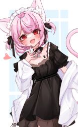 Rule 34 | 1girl, :3, :d, animal ears, black dress, cat ears, cat girl, cat tail, dress, fang, heart, highres, indie virtual youtuber, jacket, long hair, looking at viewer, mikeneko (vtuber), mikeneko (vtuber) (4th costume), off shoulder, open clothes, open jacket, open mouth, pink hair, puffy short sleeves, puffy sleeves, red eyes, short hair, short sleeves, smile, suzuka (suzuka 960118), tail, two side up, virtual youtuber, white jacket